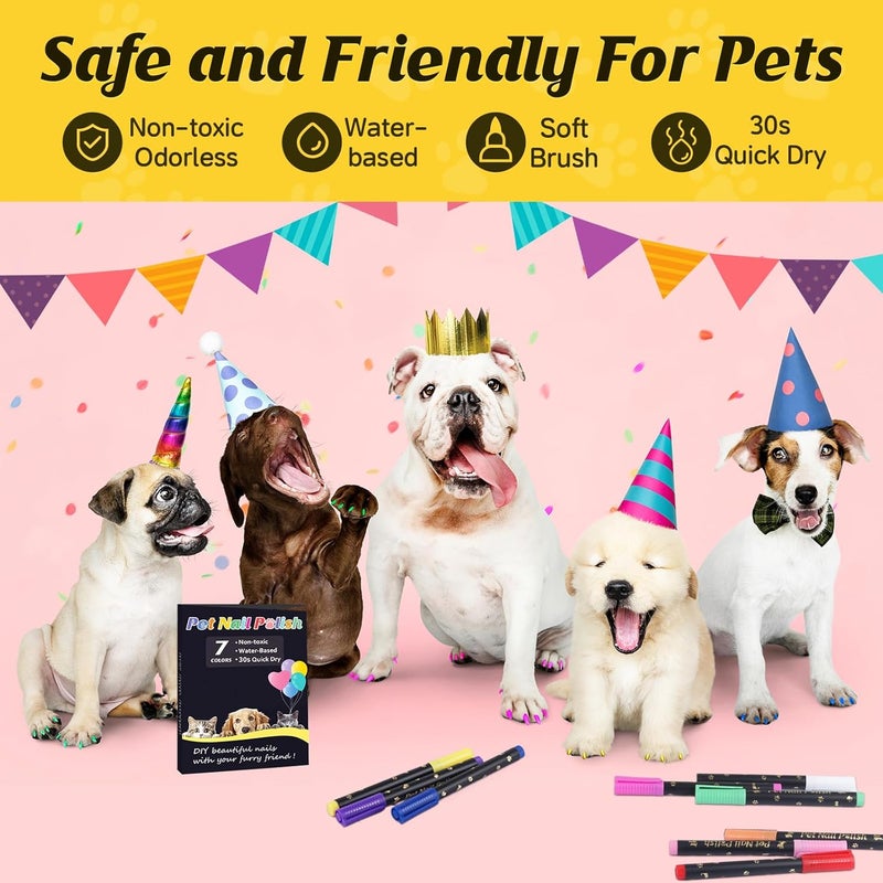 Cherocito Dog Nail Polish Pens Quick Dry,7 Colors Safe Dog Nail Polish Set to DIY Pretty Nails, Ideal Gifts for Dogs Cats Light Dark Nails, Odorless, Non-Toxic, Water-Based Pet Nail Accessories Set - Image 2